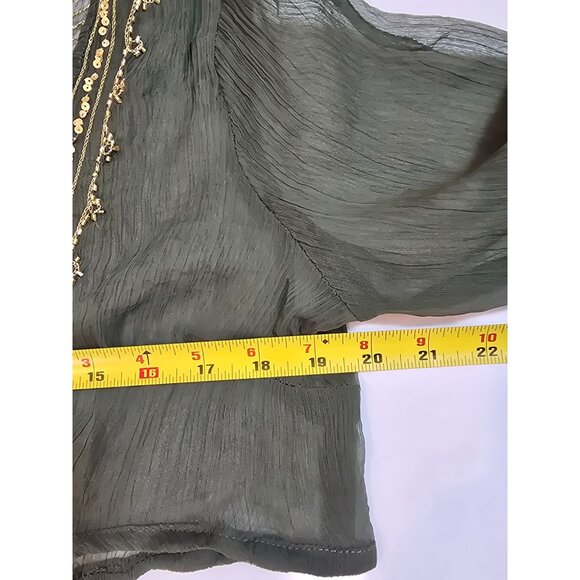 Olive Green Silk Chiffon top, cropped tie front by Magazine Size M New - Picture 10 of 11